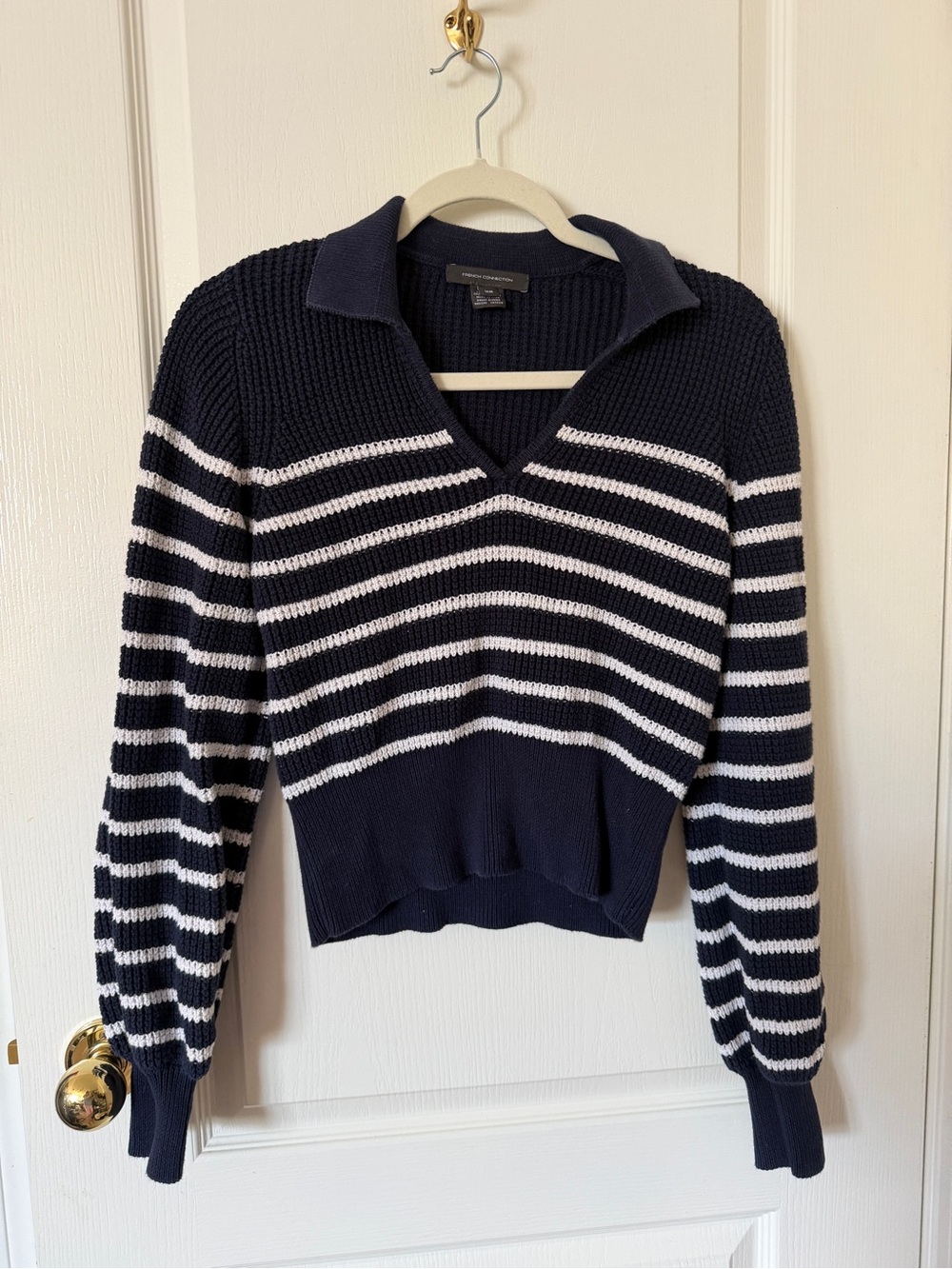 French Connection Navy & White Striped V-Neck Collar cotton Sweater